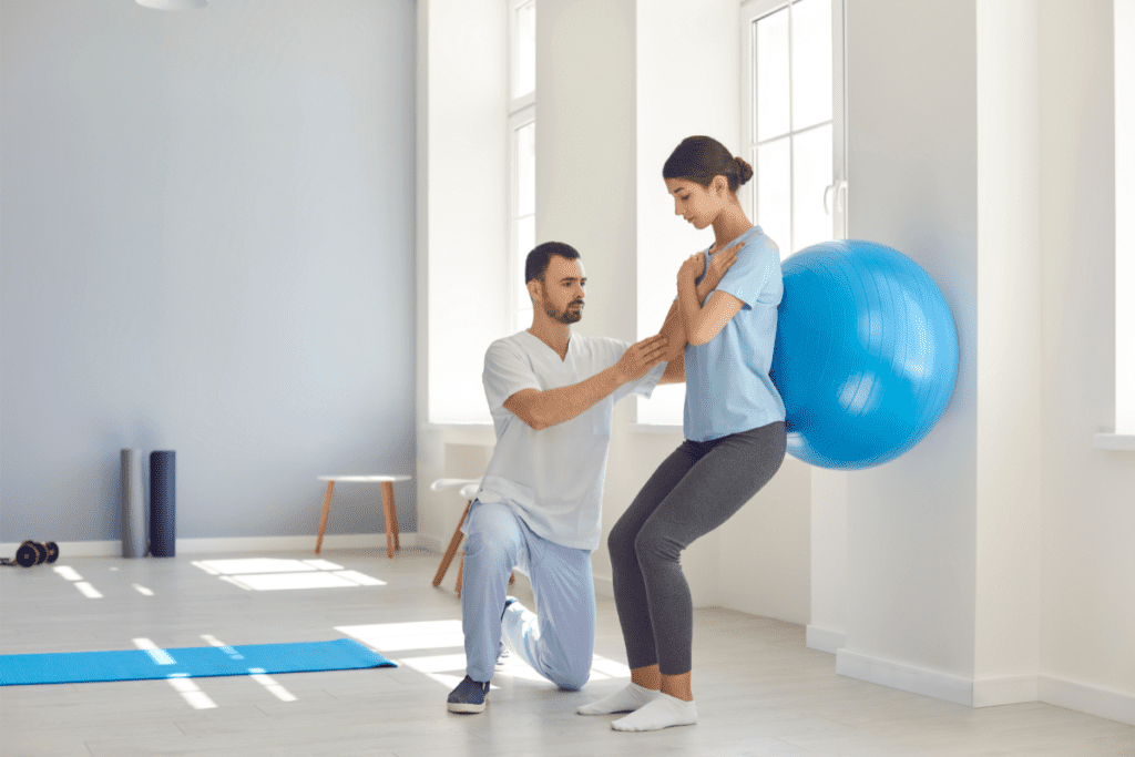 Physiotherapist Helps A Young Woman Using An Exercise Ball In Canada For Physiotherapist's Salary In Canada