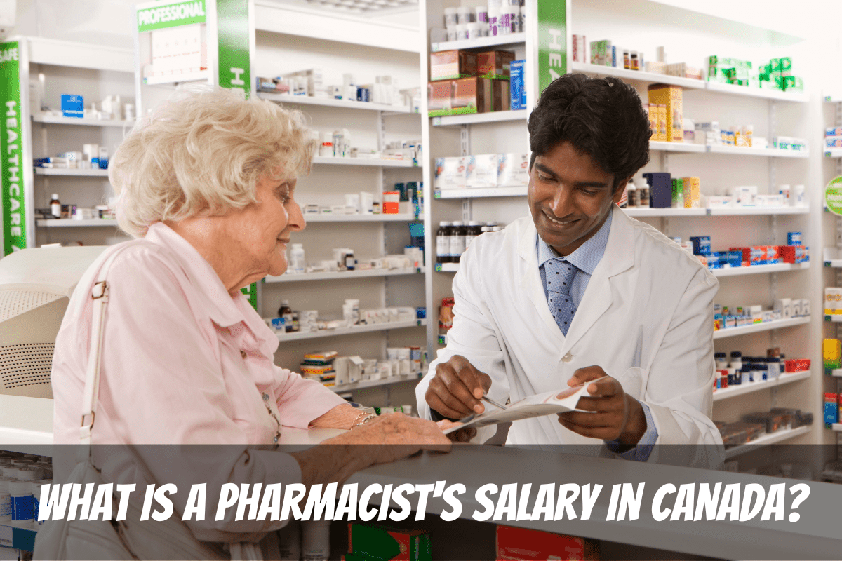Una persona mayor recibe ayuda con su receta mientras un trabajador de farmacia gana el salario de un farmacéutico en Canadá