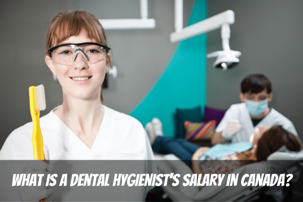 Une femme avec une grande brosse à dents jaune gagne son salaire d’hygiéniste dentaire au Canada