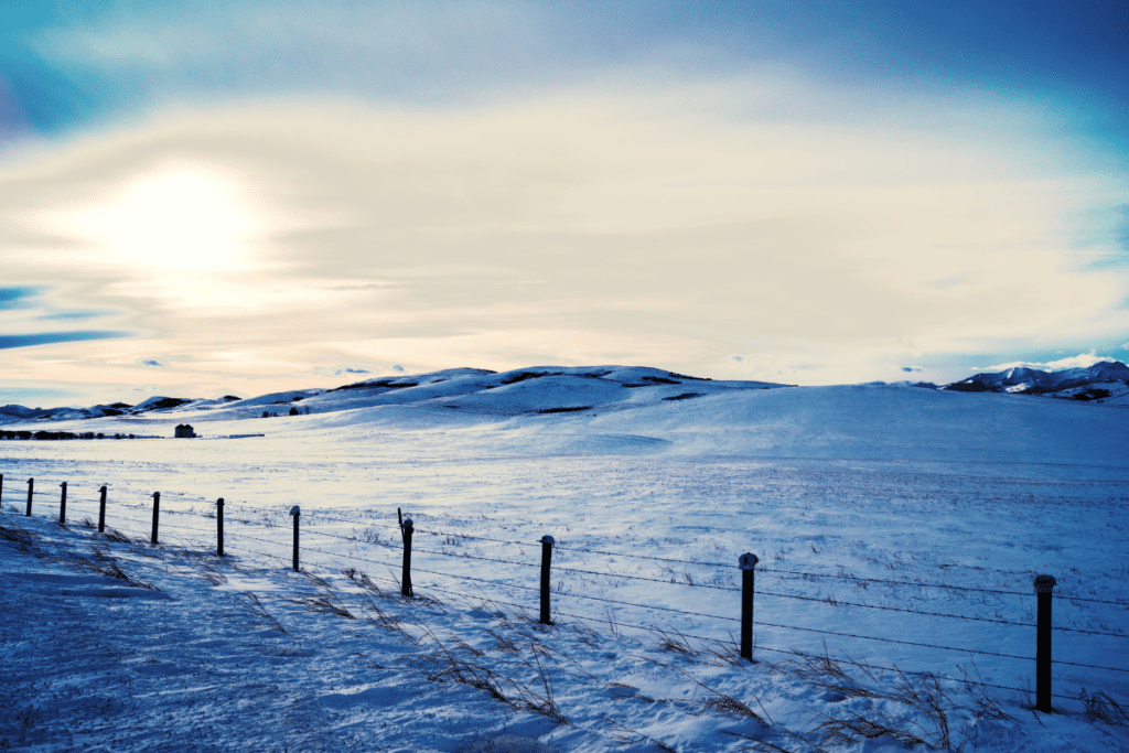 Une vue d'hiver enneigée sur les contreforts des montagnes Rocheuses et les avantages et les inconvénients de vivre à Black Diamond Alberta Canada
