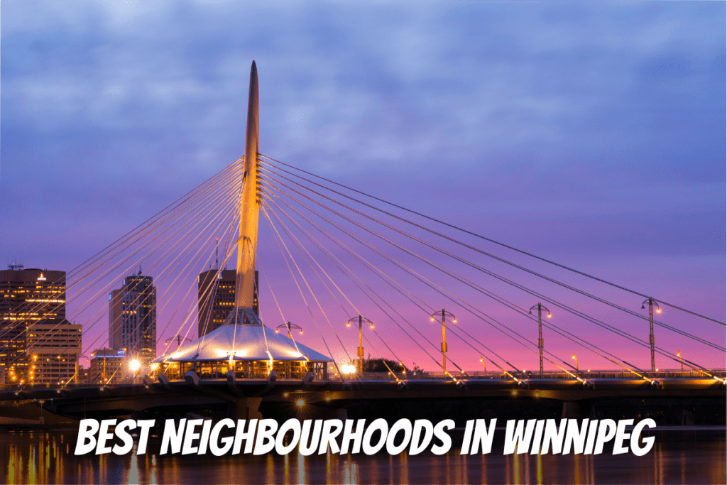 Vista Nocturna Del Puente Del Río Del Centro Y Los Mejores Barrios En Winnipeg Manitoba Canadá