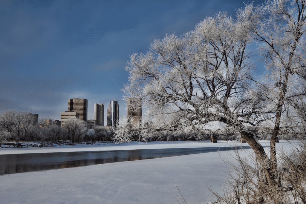 Vista invernal a través del río hasta el centro de la nieve en los árboles, los mejores barrios de Winnipeg, Manitoba, Canadá
