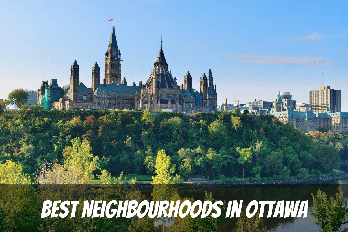 Vista al otro lado del río a edificios históricos hermoso día soleado de verano mejores barrios en Ottawa, Ontario, Canadá
