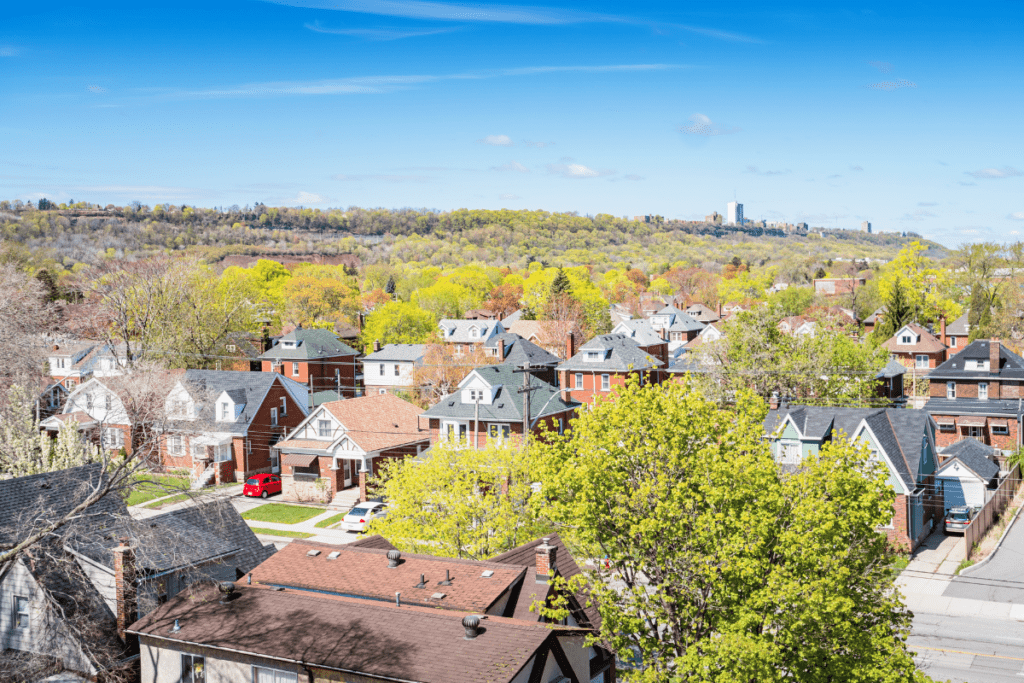 Aerial View Of Detached Residential Houses And Trees In The Spring In One Of The Best Neighbourhoods In Hamilton Ontario Canada