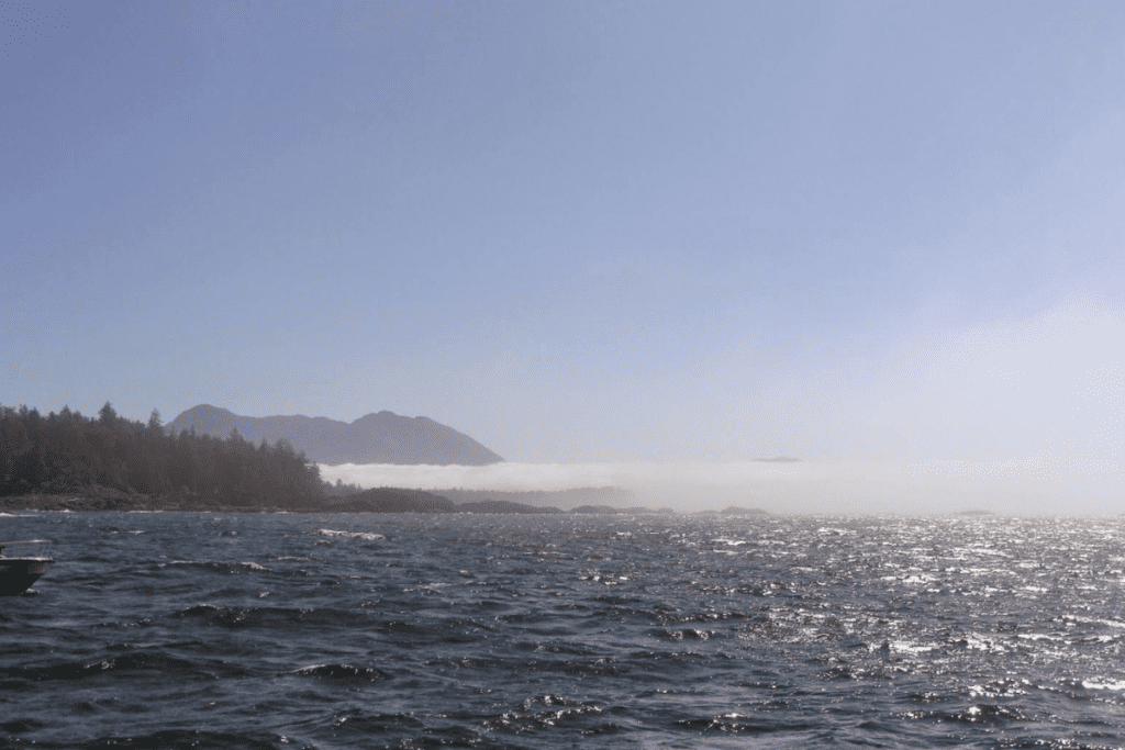 Une belle vue sur l'océan Pacifique couvert de brume près de la ville de Tofino comme exemple des avantages et des inconvénients de vivre à Tofino Bc Canada