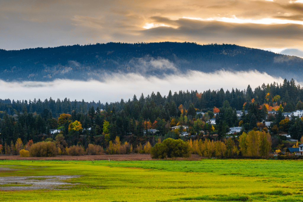 秋天，薄雾笼罩在萨蒙阿姆镇上方的山丘上，作为加拿大不列颠哥伦比亚省萨蒙阿姆生活的利弊的一个例子