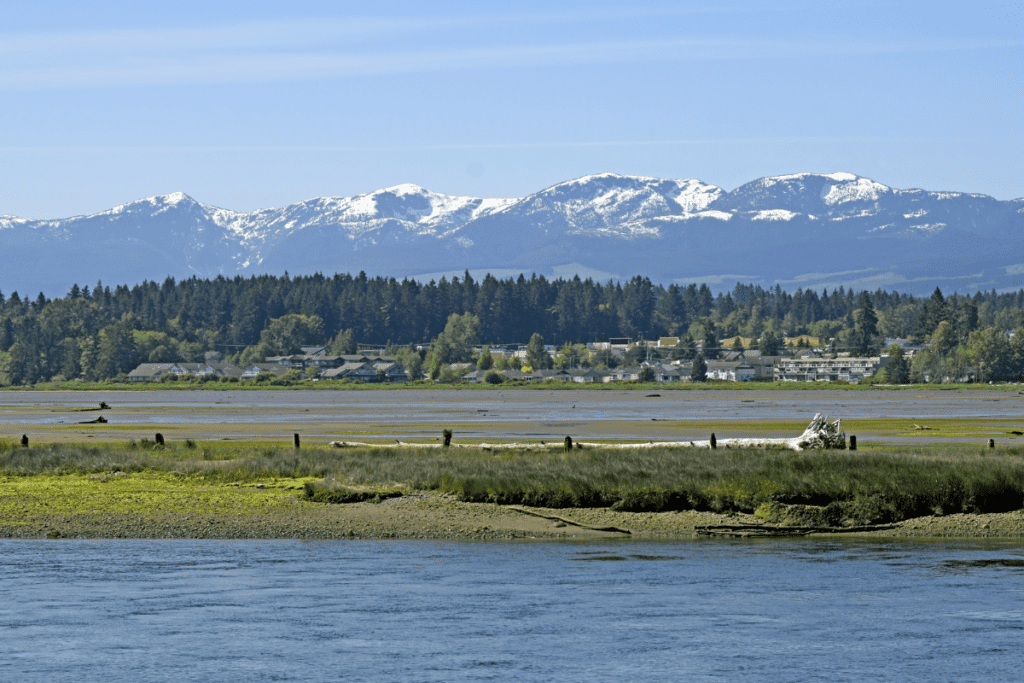 Courtenay With Blue River In Foreground And Snow Capped Mountains In Background One Of Best Small Towns In Bc Canada