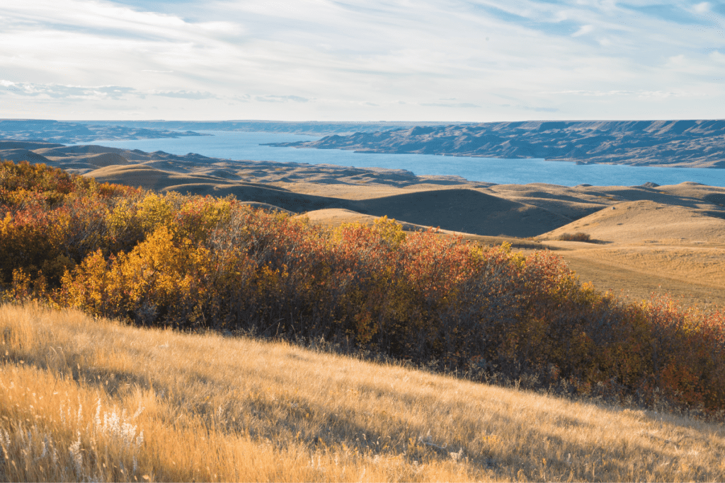 Le lac Diefenbaker entouré de collines à l'automne, l'une des meilleures raisons de déménager en Saskatchewan
