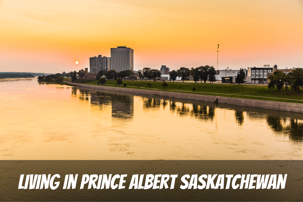 Una puesta de sol naranja y rosa sobre un río con bancos y edificios bordeados de césped al fondo para los pros y los contras de vivir en Prince Albert Saskatchewan, Canadá