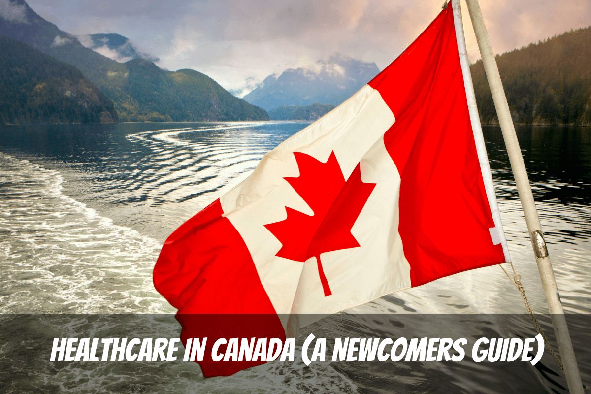 Una bandera canadiense ondea desde la parte trasera de un barco con un lago y montañas al fondo para atención médica en Canadá