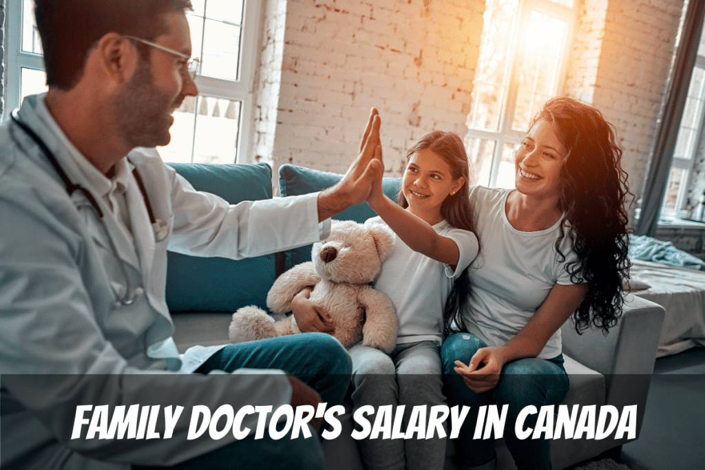 Un médecin assis sur un canapé parle à une jeune patiente et à sa mère pour obtenir le salaire d'un médecin de famille au Canada